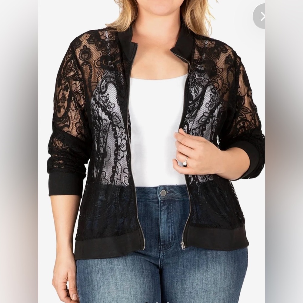 Black Lace Bomber Jacket with Ribbed Trim